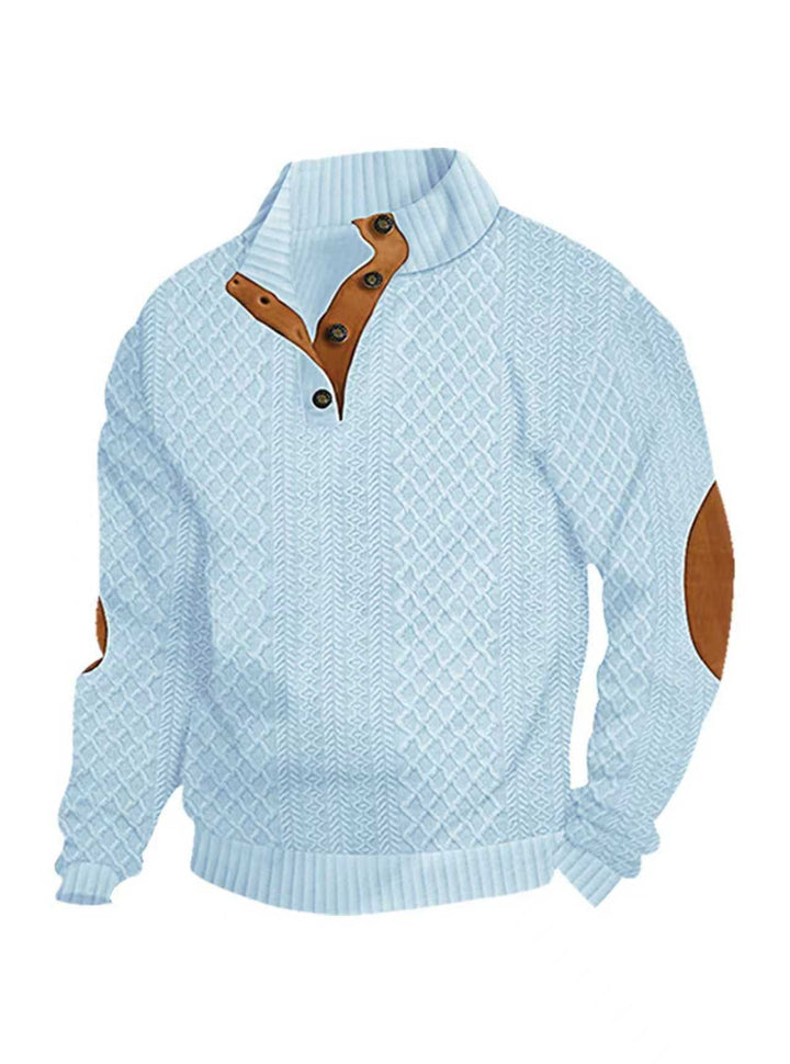Men's coarse knitted sweater with stand-up collar, leather trim, and elbow patches Mune Fashion