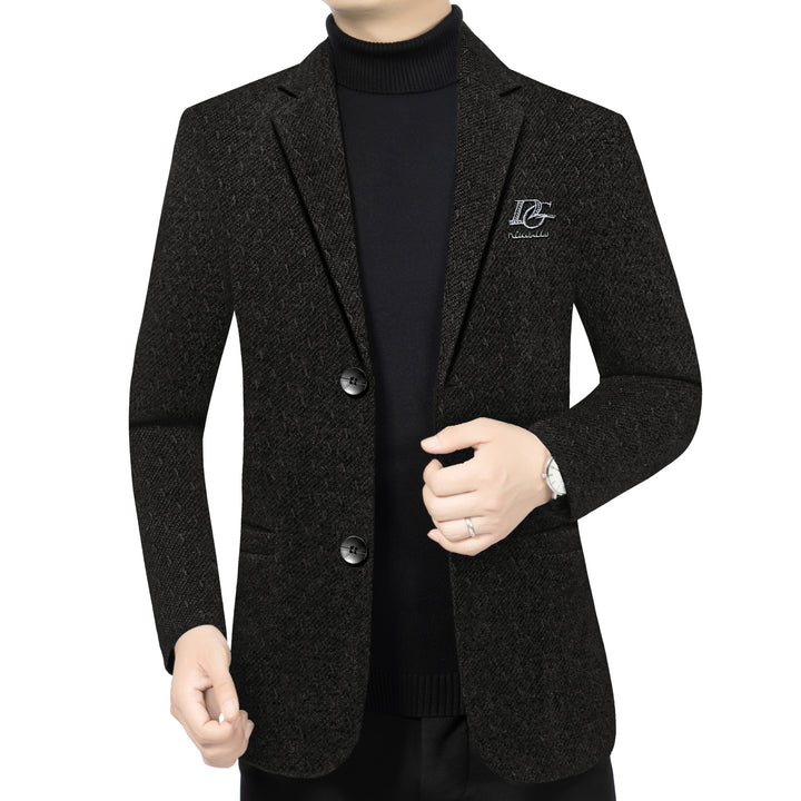 Men's Tailored Wool Blend Blazer in Structured Look with Lapels, Logo Stitch and Two-Button Front Mune Fashion