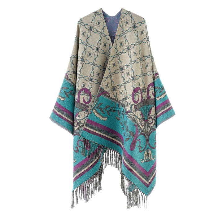 Women's Jacquard-Woven Fringe Poncho in Tapestry Look Mune Fashion