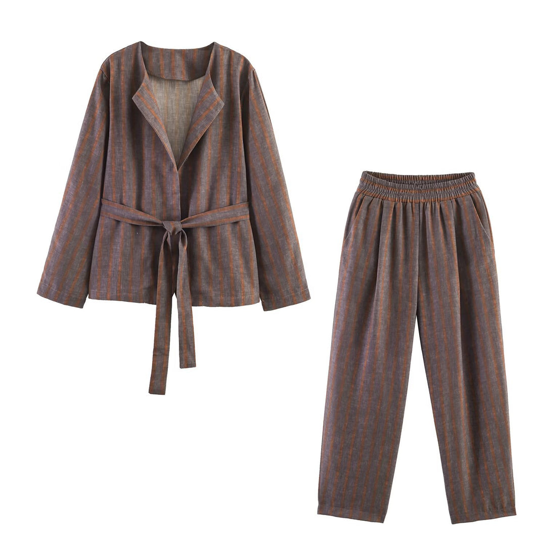 Ladies Two-Piece Linen Set with Tied Belt Jacket and Elastic High-Waist Pants Mune Fashion