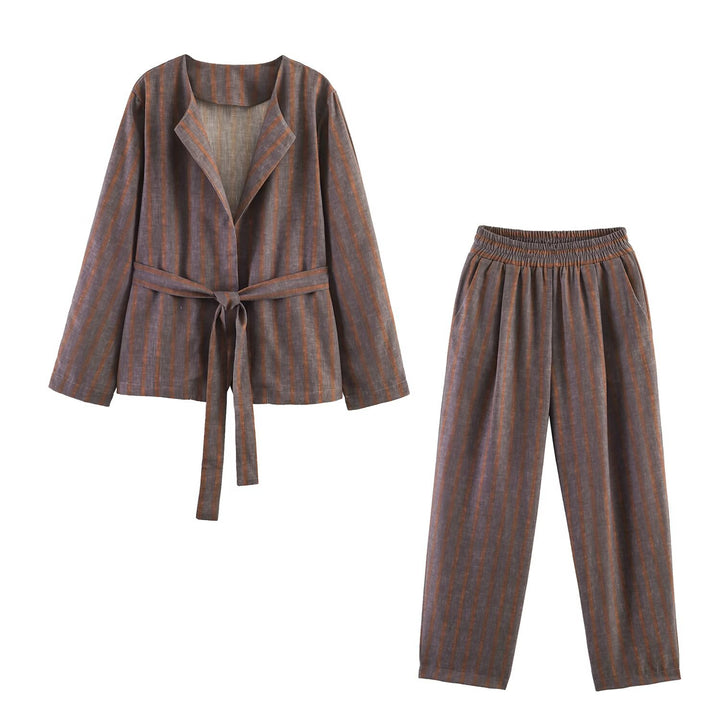 Ladies Two-Piece Linen Set with Tied Belt Jacket and Elastic High-Waist Pants Mune Fashion
