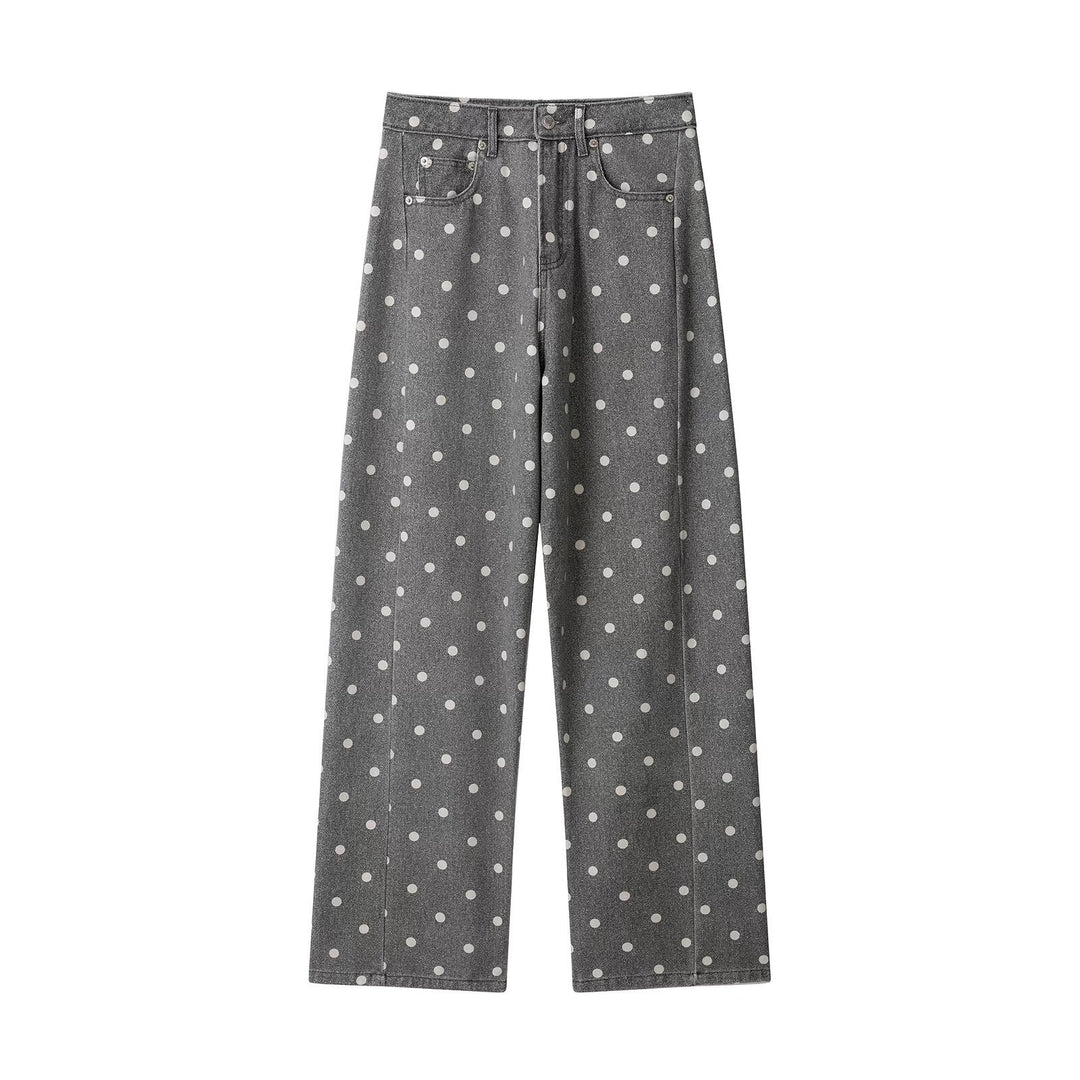 Women's Wide Highwaist Denim Pants with Polka-Dot Print and Five-Pocket Design Mune Fashion