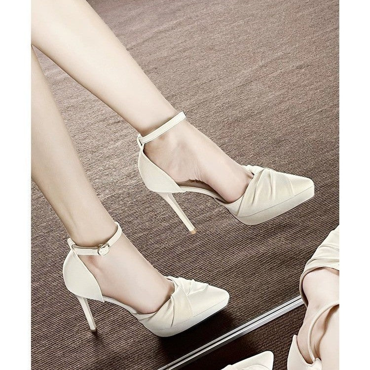 Women’s stiletto pumps with platform, ankle strap and gathered toe area Mune Fashion