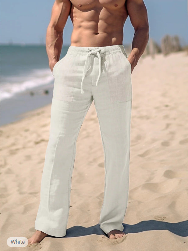 Men's loose resort leisure pants in palazzo style made of linen blend with drawstring and side inset pockets Mune Fashion