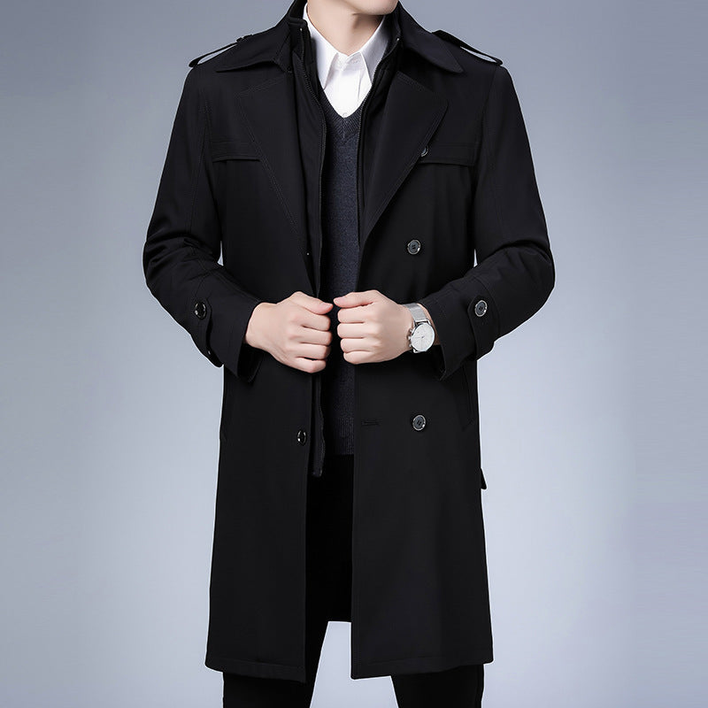 Men's knee-length trench coat with double-breasted button placket and epaulettes Mune Fashion