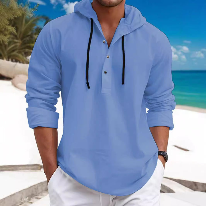 Men's summer hoodie henley with hidden button placket, drawstring and rounded hem Mune Fashion