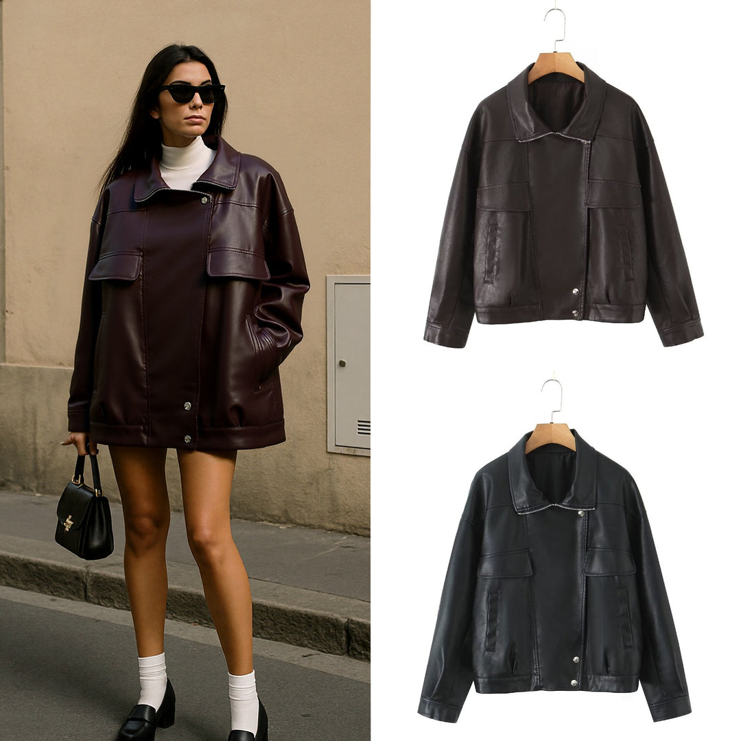 Women's Oversized Faux Leather Blouson Jacket with Asymmetric Zipper and Flap Pockets Mune Fashion
