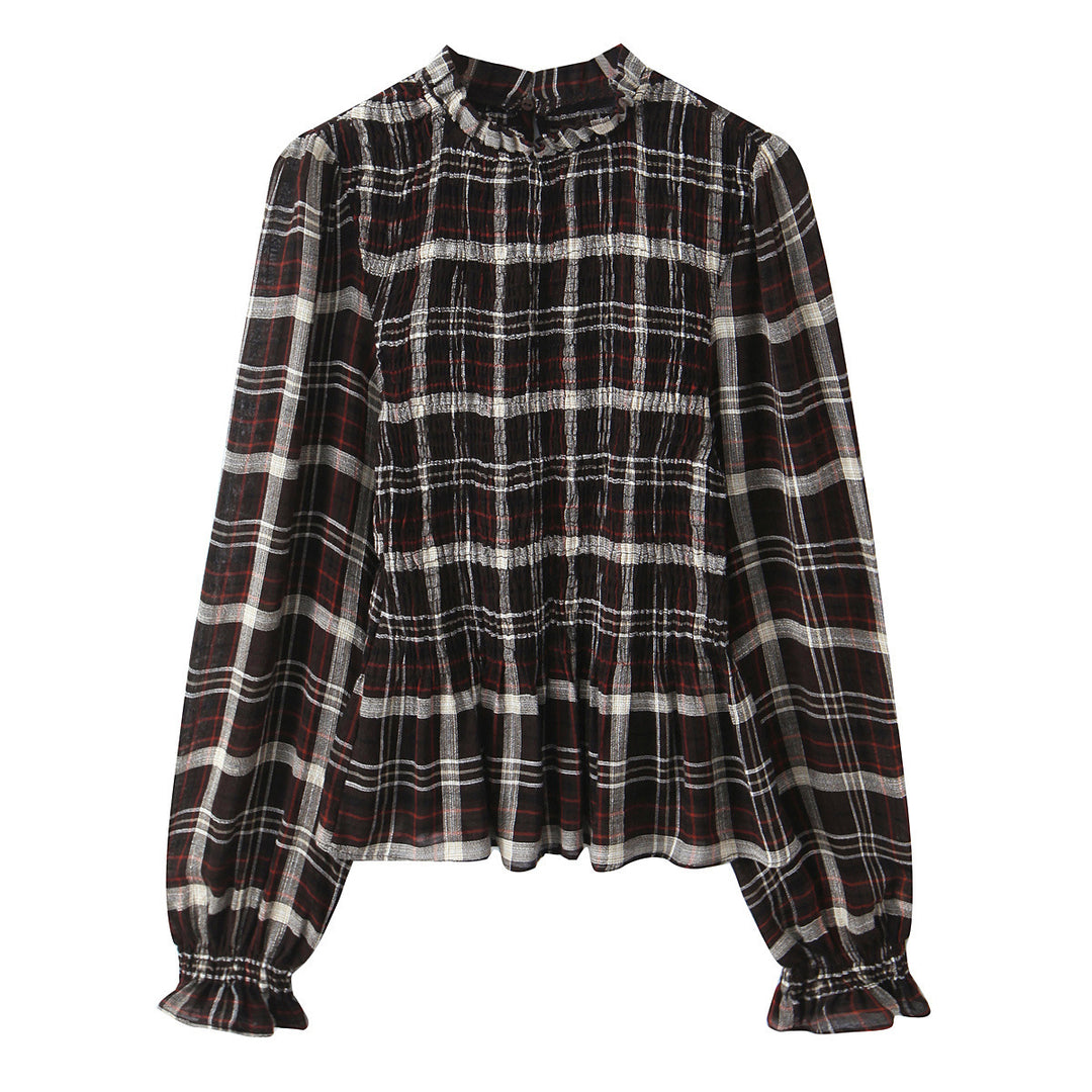 Women's Striped Blouse with Smocked Front, Stand Collar and Ruffled Hem Mune Fashion