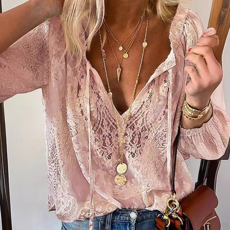 Ladies Elegant and Feminine Blouse with V-Neck and Lace Accents Mune
