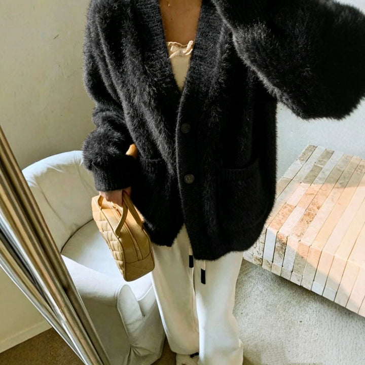 Women's Fluffy Cardigan with Deep V-Neck, Ribbed Button Placket and Patch Pockets Mune Fashion