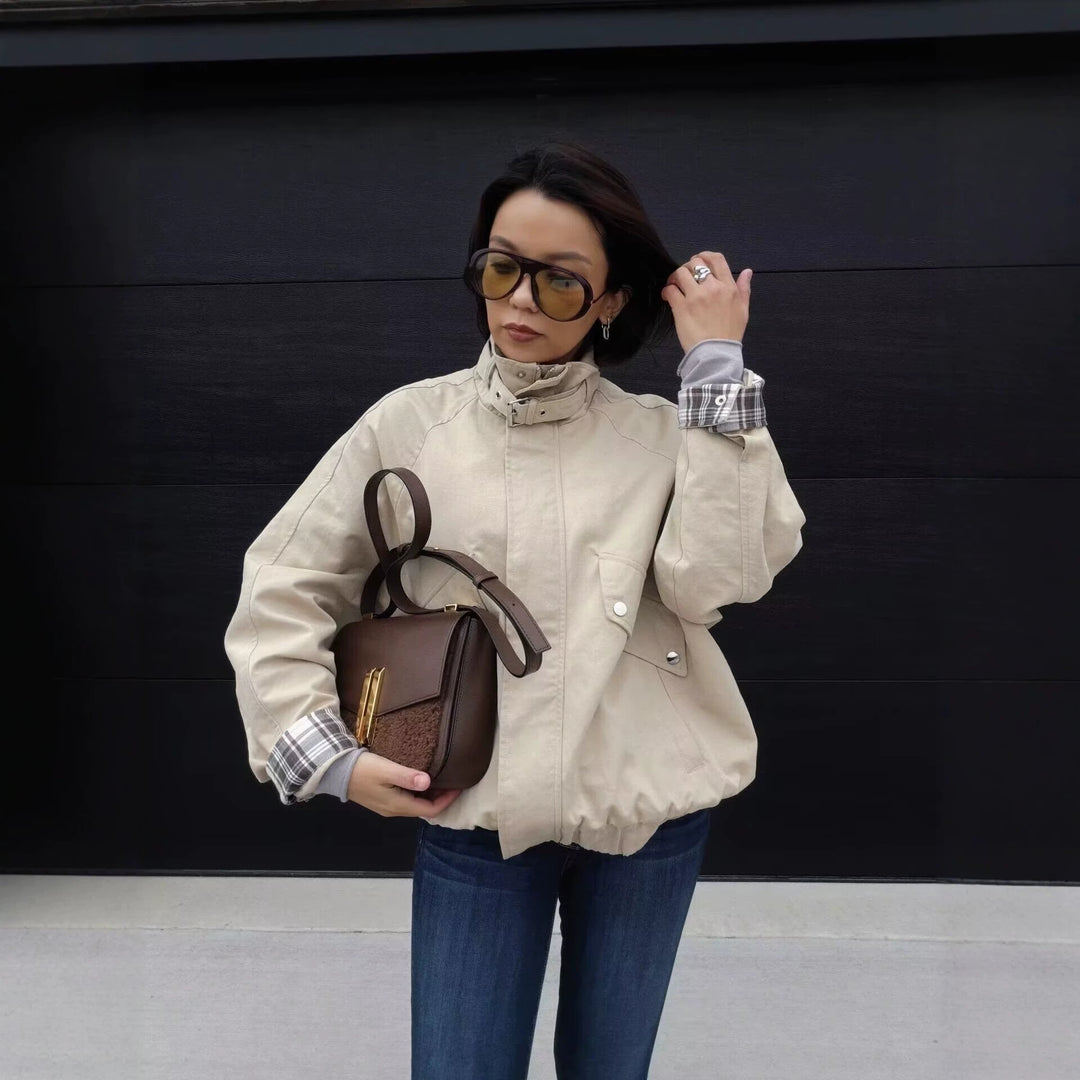 Women Short Boxy Field Jacket with High Funnel Collar and Checked Sleeve Cuffs Mune Fashion
