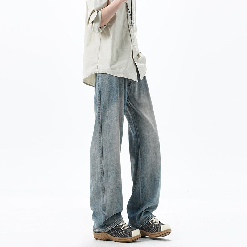 Men's Loose Denim Jeans with Vintage Wash and Drop Crotch Mune Fashion