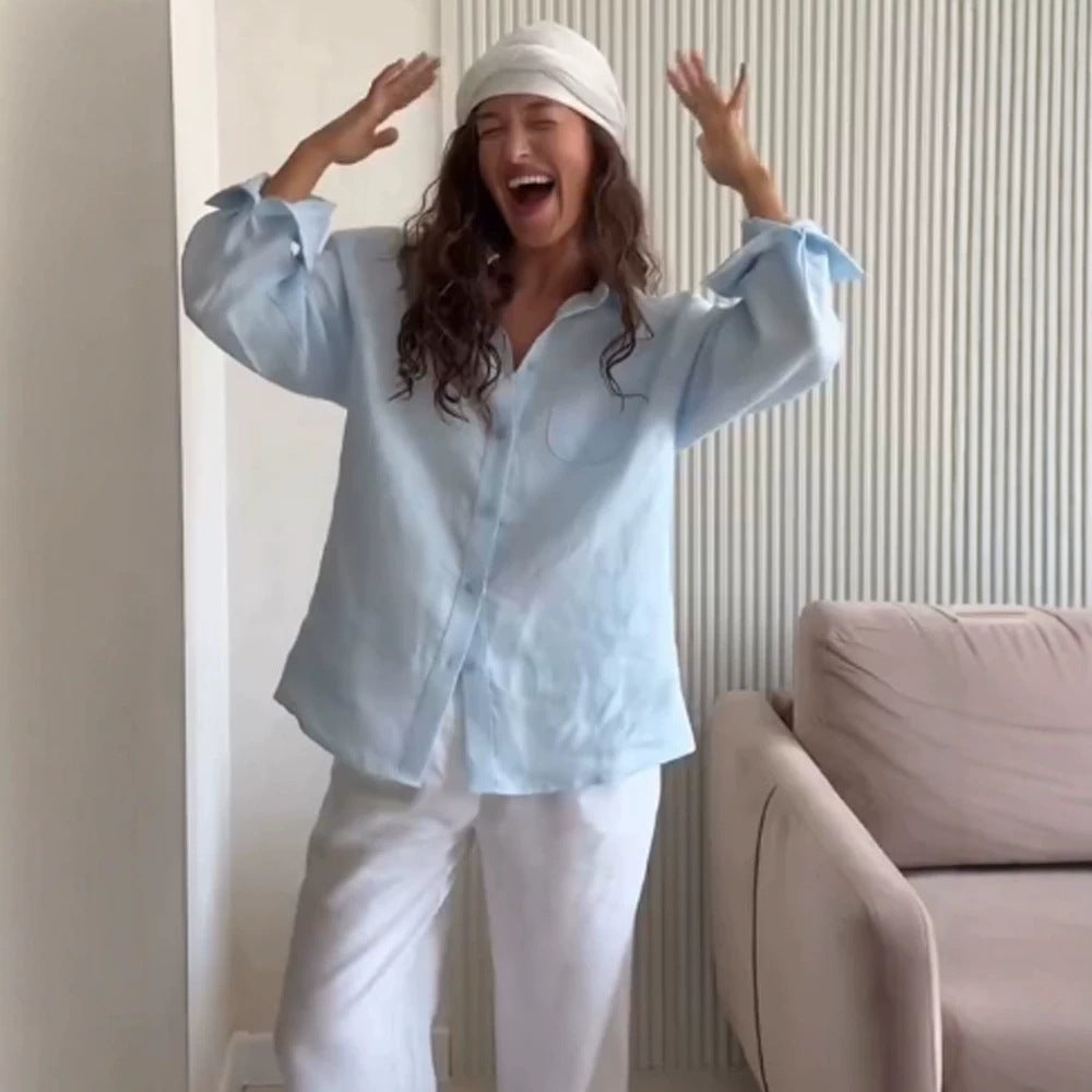 Women's Oversized Linen Shirt Blouse with Chest Pocket and Casual Fit Mune Fashion