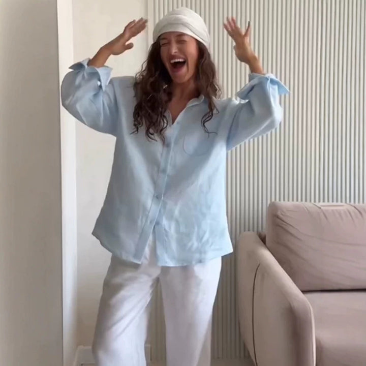 Women's Oversized Linen Shirt Blouse with Chest Pocket and Casual Fit Mune Fashion