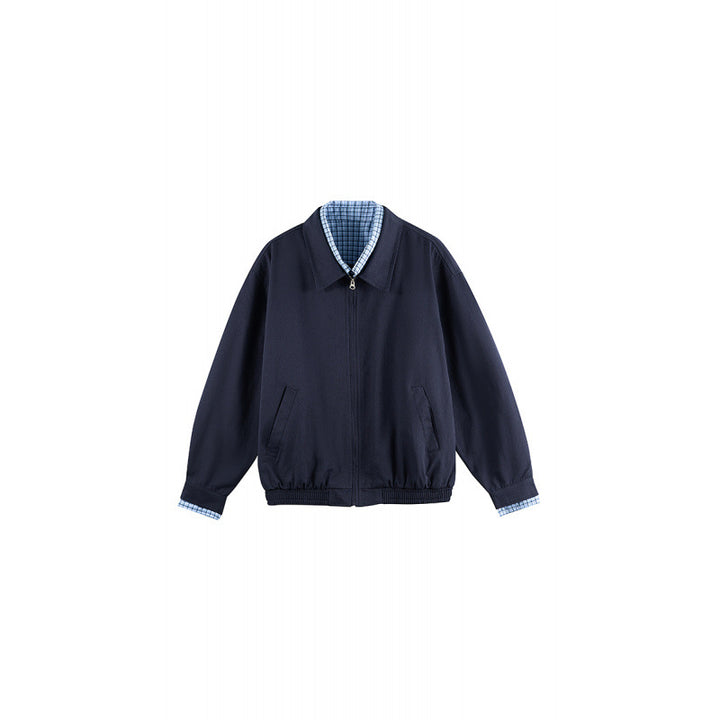 Men's Lightweight Bomber Jacket with Zipper, Checked Lined Collar and Elastic Hem Mune Fashion