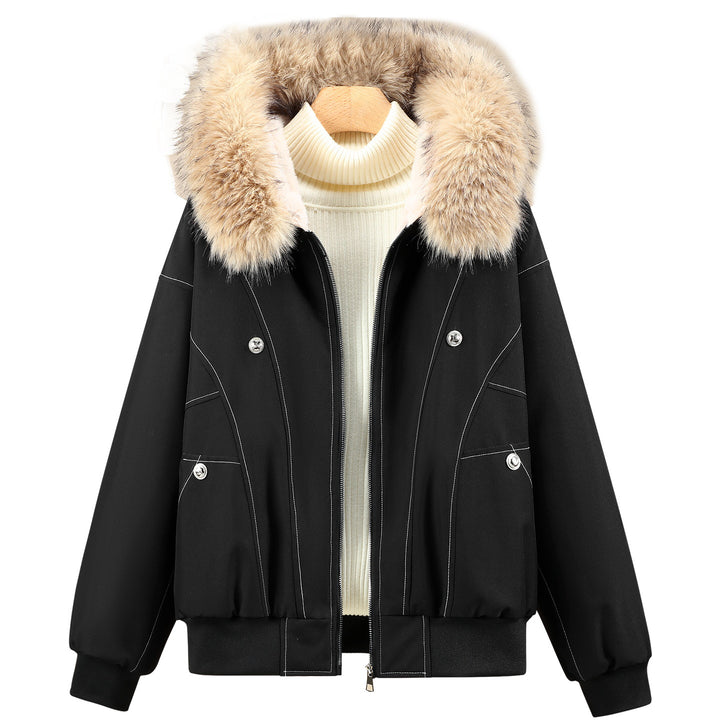 Women's short-cut thermo bomber jacket with removable faux fur collar, high stand-up collar, and ribbed cuffs Mune Fashion
