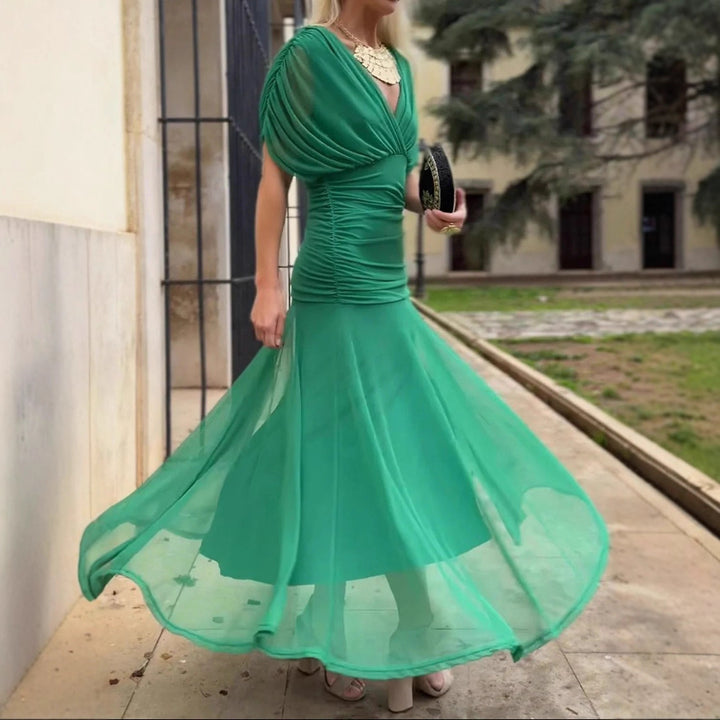 Ladies elegant floor-length evening dress with draped shoulder area and airy chiffon skirt Mune Fashion