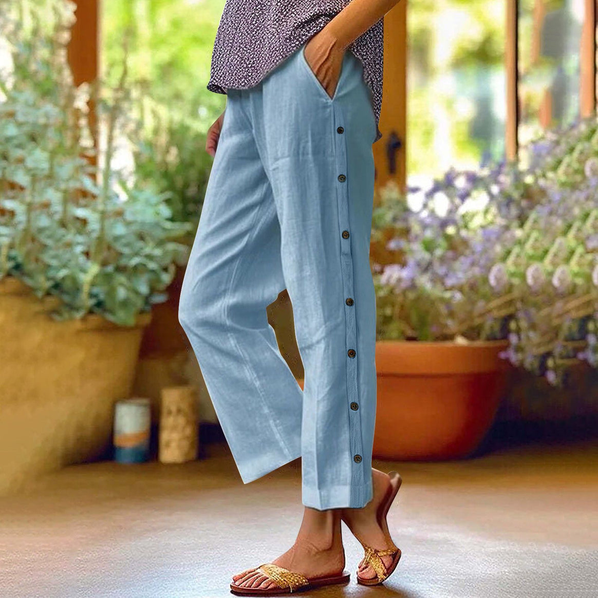 Ladies Light Relaxed Pants with Side Button Placket and Insert Pockets Mune Fashion