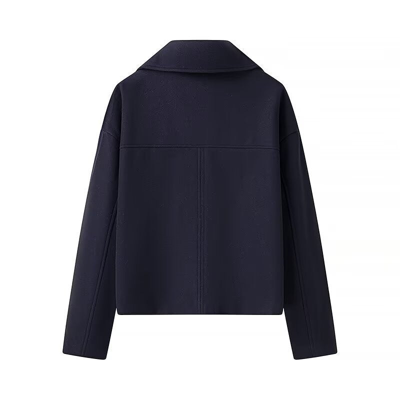 Women's Short Boxy Wool Blend Peacoat with Double-Breasted Button Placket and Patch Pockets Mune Fashion