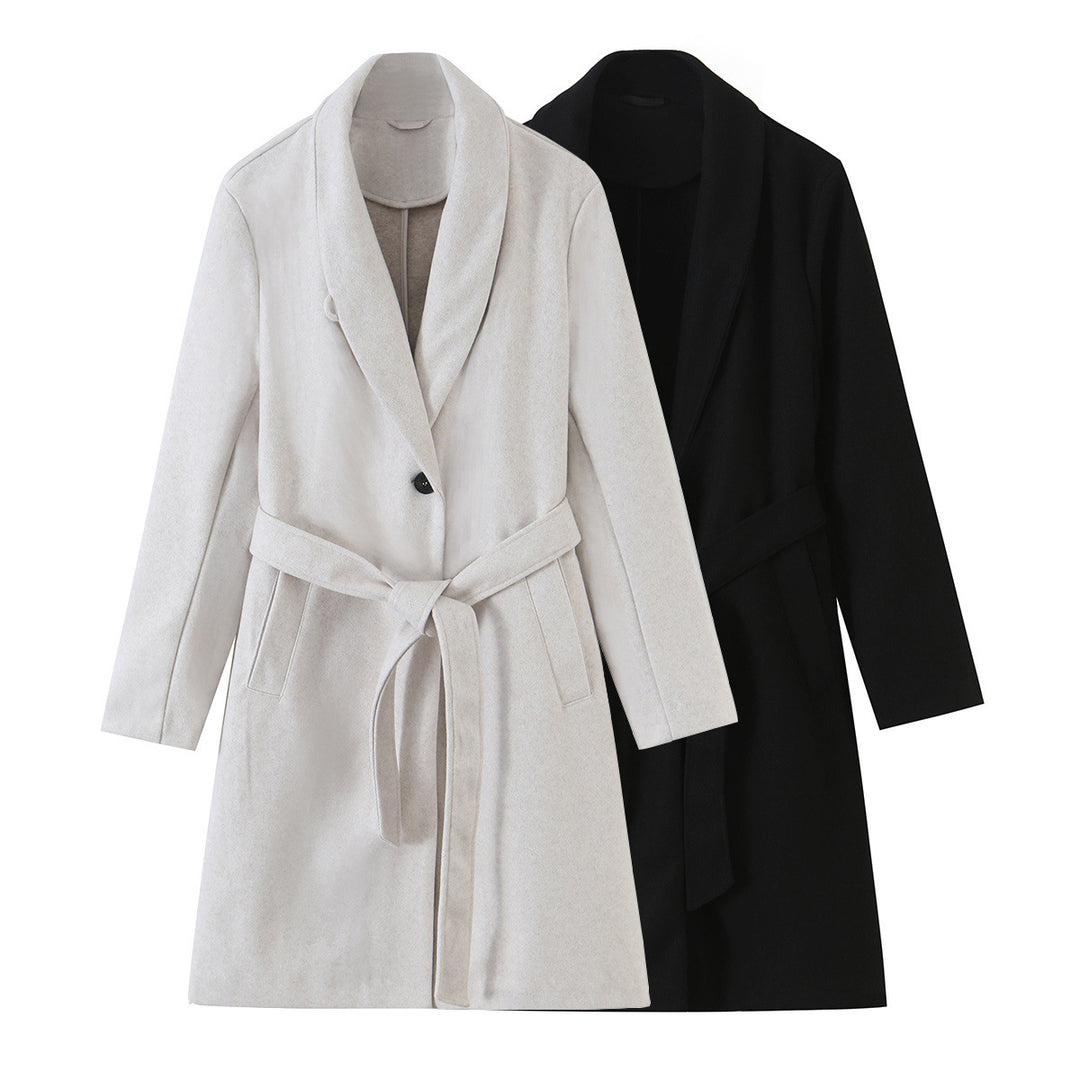 Women's Midi-Length Wool Blend Coat with Shawl Collar and Tie Belt Mune Fashion