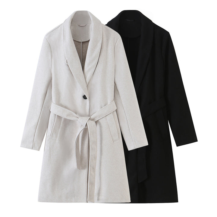 Women's Midi-Length Wool Blend Coat with Shawl Collar and Tie Belt Mune Fashion