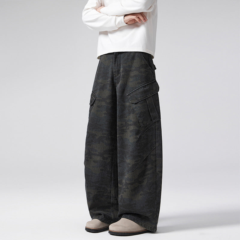 Men's extra-wide cargo pants in palazzo cut made of heavy camouflage denim Mune Fashion