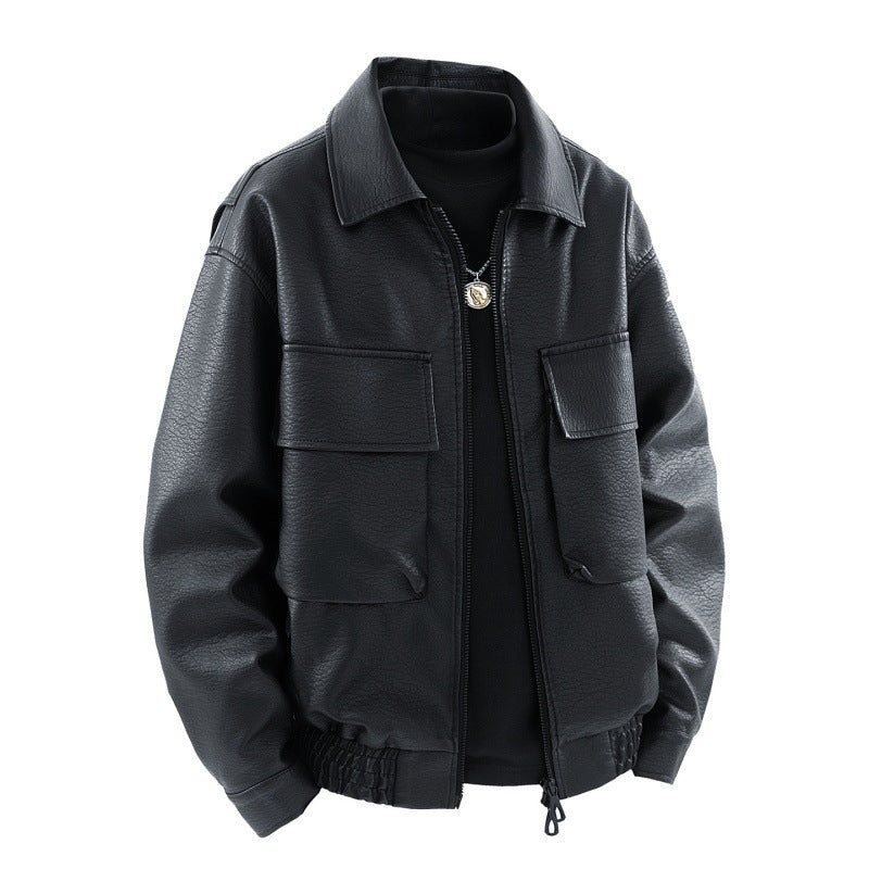 Men's Boxy Faux Leather Flight Jacket with Large Flap Front Pockets andElastic Waistband Mune Fashion