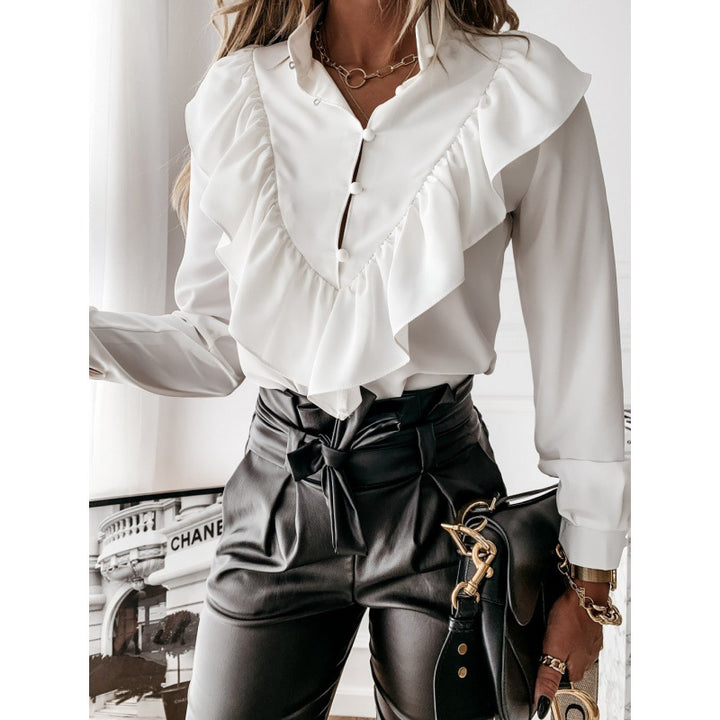 Women’s Ruffle Blouse with Ruffled Collar, Gathered Waist and Polka Dot Print Mune Fashion