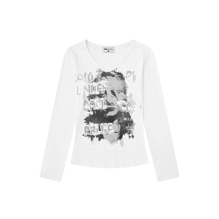 Women's Long Sleeve Shirt with Vintage Photo Print and Round Neckline Mune Fashion