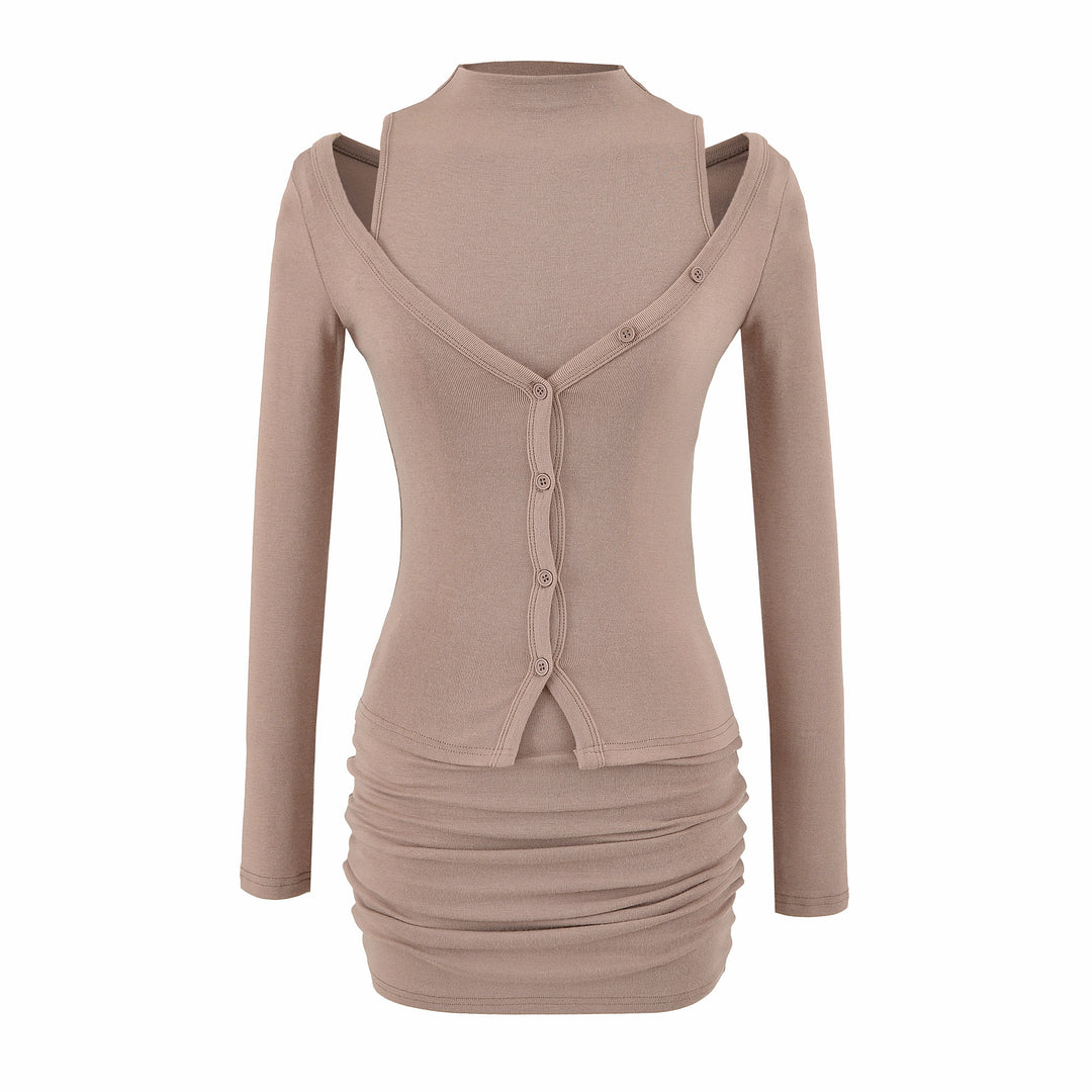 Ladies two-piece knit set with integrated high neck vest and asymmetric button cardigan Mune Fashion