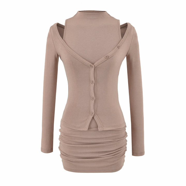 Ladies two-piece knit set with integrated high neck vest and asymmetric button cardigan Mune Fashion