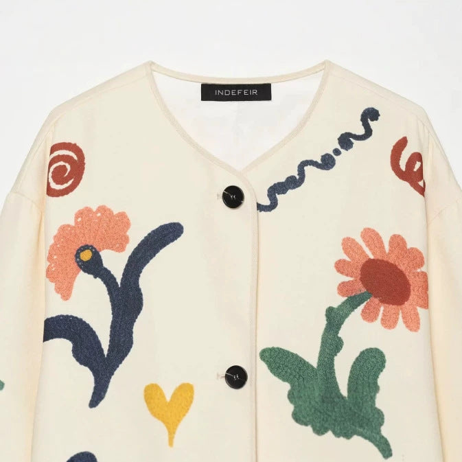 Women's Boxy Cardigan Jacket with Floral Appliqués and Patch Pockets Mune Fashion