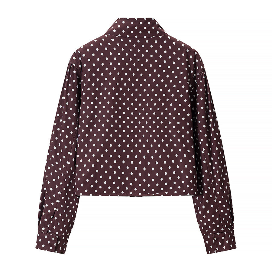 Women Polka Dot Short Jacket with Stand Collar and Concealed Snap Button Placket Mune Fashion