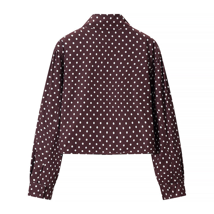 Women Polka Dot Short Jacket with Stand Collar and Concealed Snap Button Placket Mune Fashion