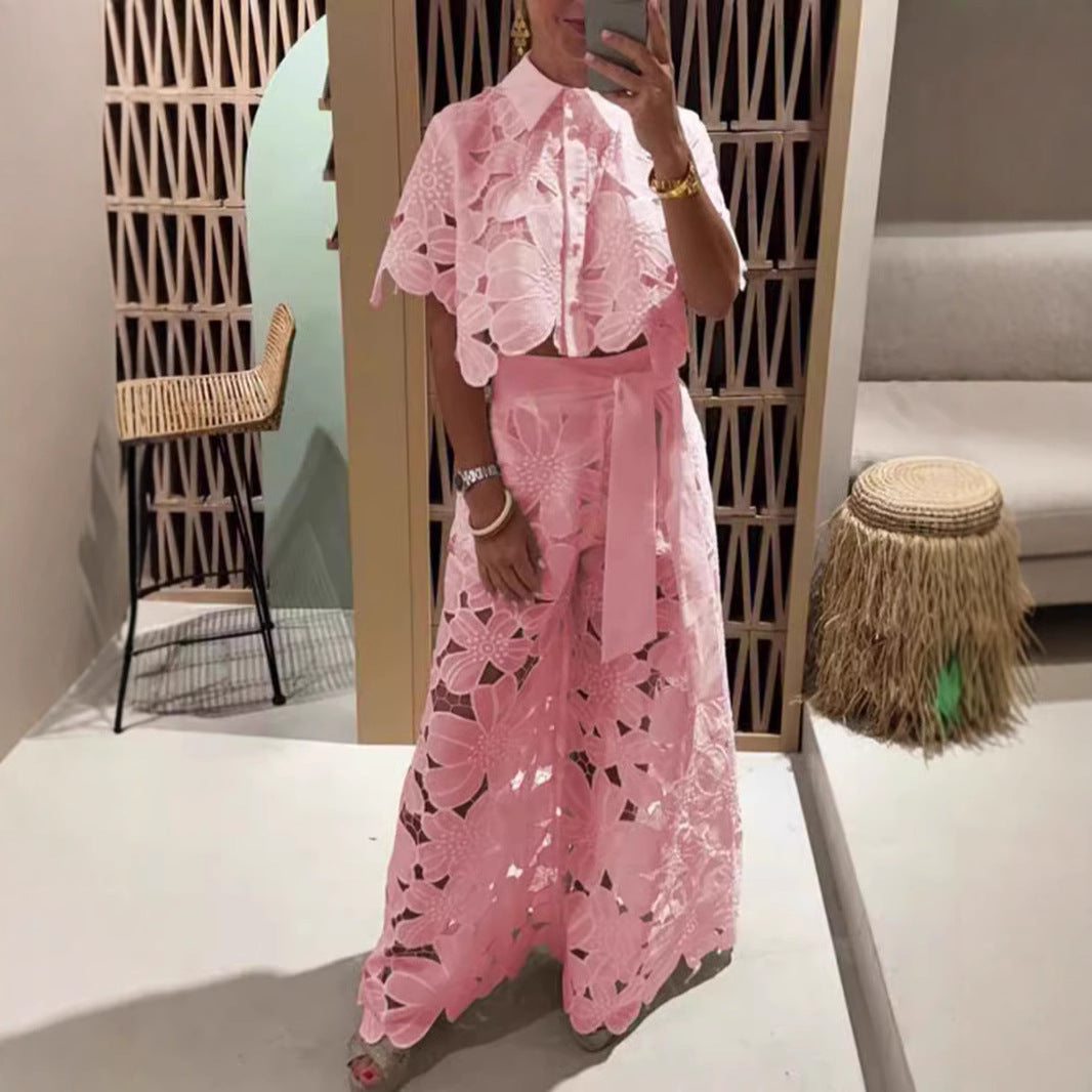 Ladies two-piece lace ensemble with crop top and wide palazzo pants Mune Fashion