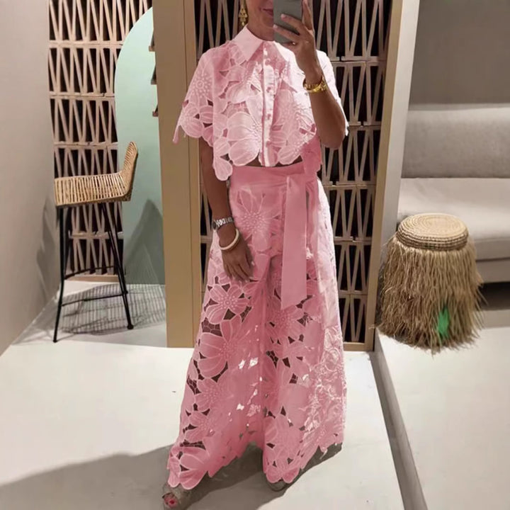 Ladies two-piece lace ensemble with crop top and wide palazzo pants Mune Fashion