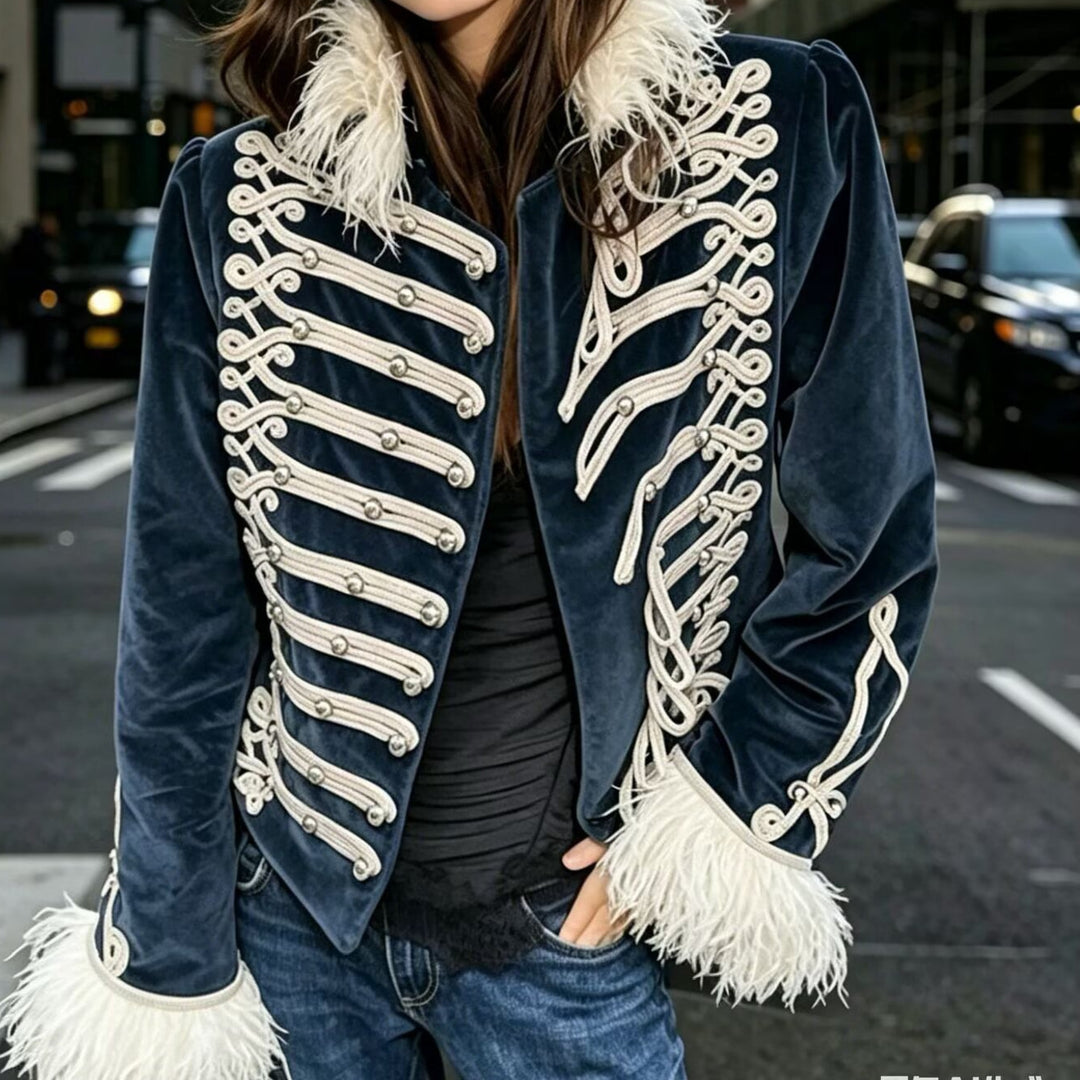 Women's Velvet Military Jacket with Feather Trim and Decorative Piping Mune Fashion