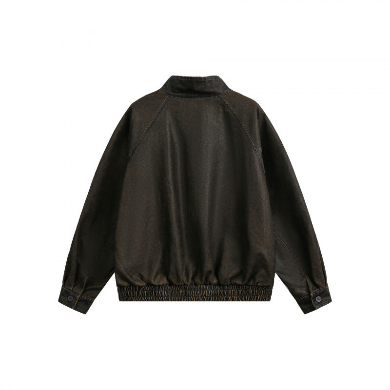 Men's short-cut worker bomber jacket in used denim look with standing collar, concealed zipper, and elastic hem Mune Fashion