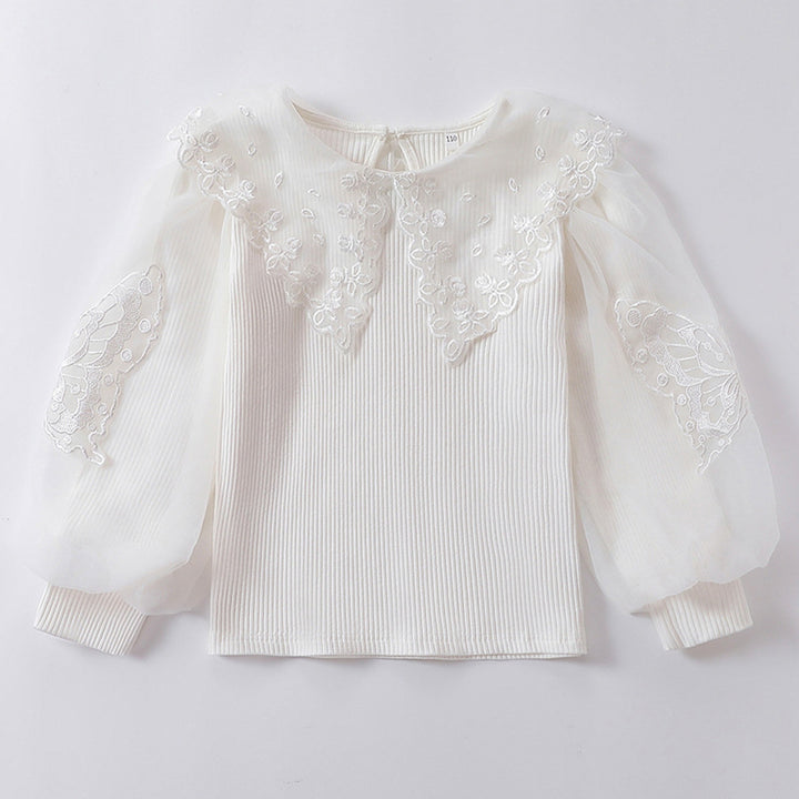 Girls blouse with airy tulle sleeves and delicate floral embroidery Mune Fashion