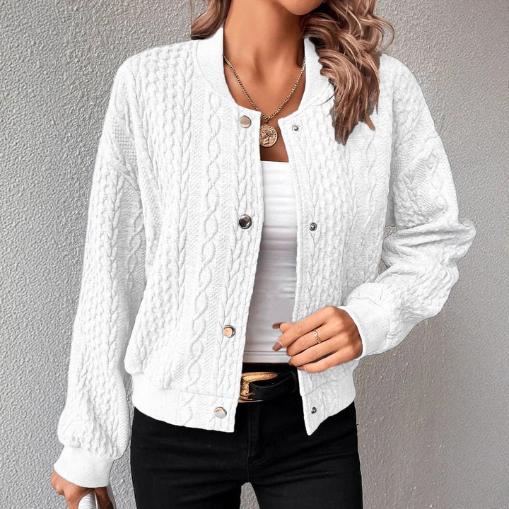 Women's Structured Knit Bomber Jacket with Cable Pattern and Snap Buttons Drune