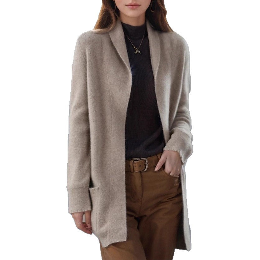 Women's Open Long Cardigan made of Soft Knit with Applied Pockets Drune