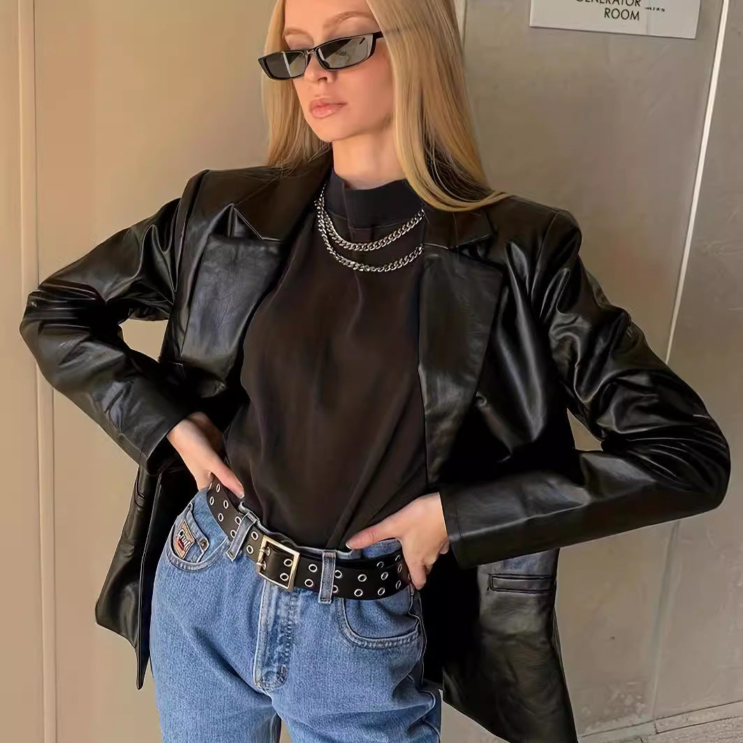 Women's Oversized Leather Look Blazer with Emphasized Shoulder Section and Glossy Finish Mune Fashion