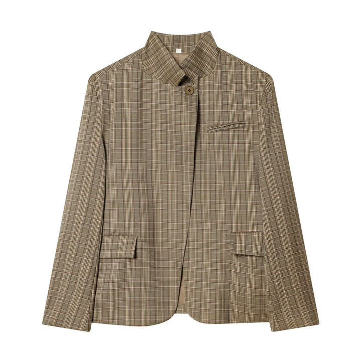 Women's Checkered Blazer with Standing Collar, Slim Fit and Flap Pockets Mune Fashion