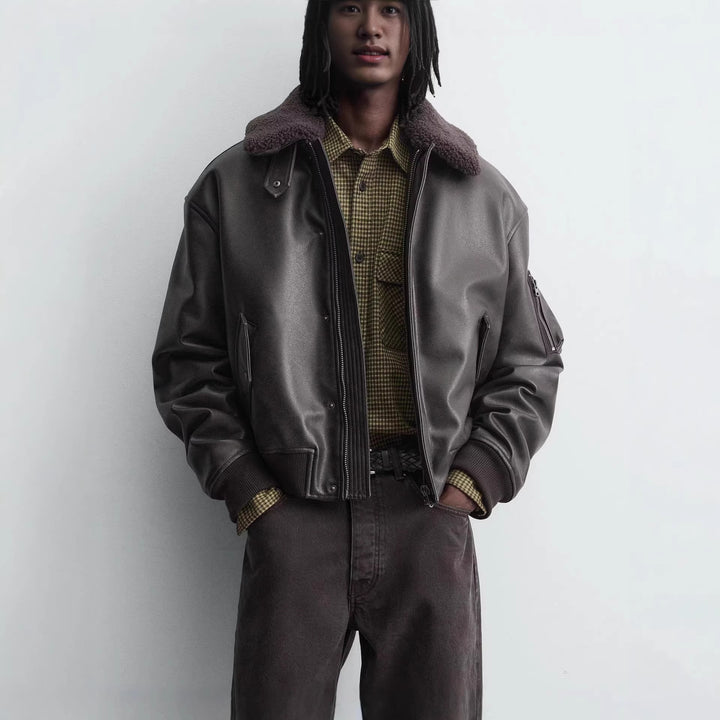 Men's Boxy Leather Blouson with Sherpa Collar and Arm Pocket Mune Fashion