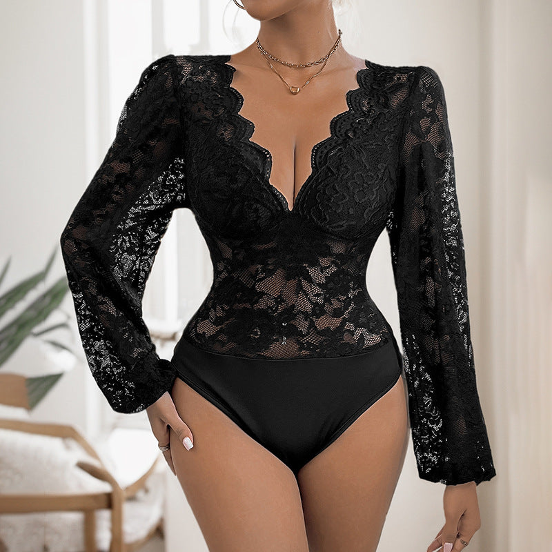 Women's lace bodysuit with deep V-neckline, curved hem and puff sleeves Mune Fashion