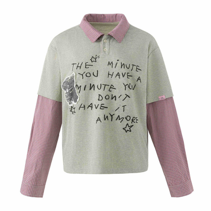 Unisex Layered Look Knit Polo Shirt with Checkered Insert Sleeves and Statement Print Mune Fashion
