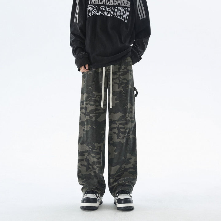 Men's Loose Camouflage Cargo Pants with Long Tunnel Drawstrings and Utility Loops Mune Fashion