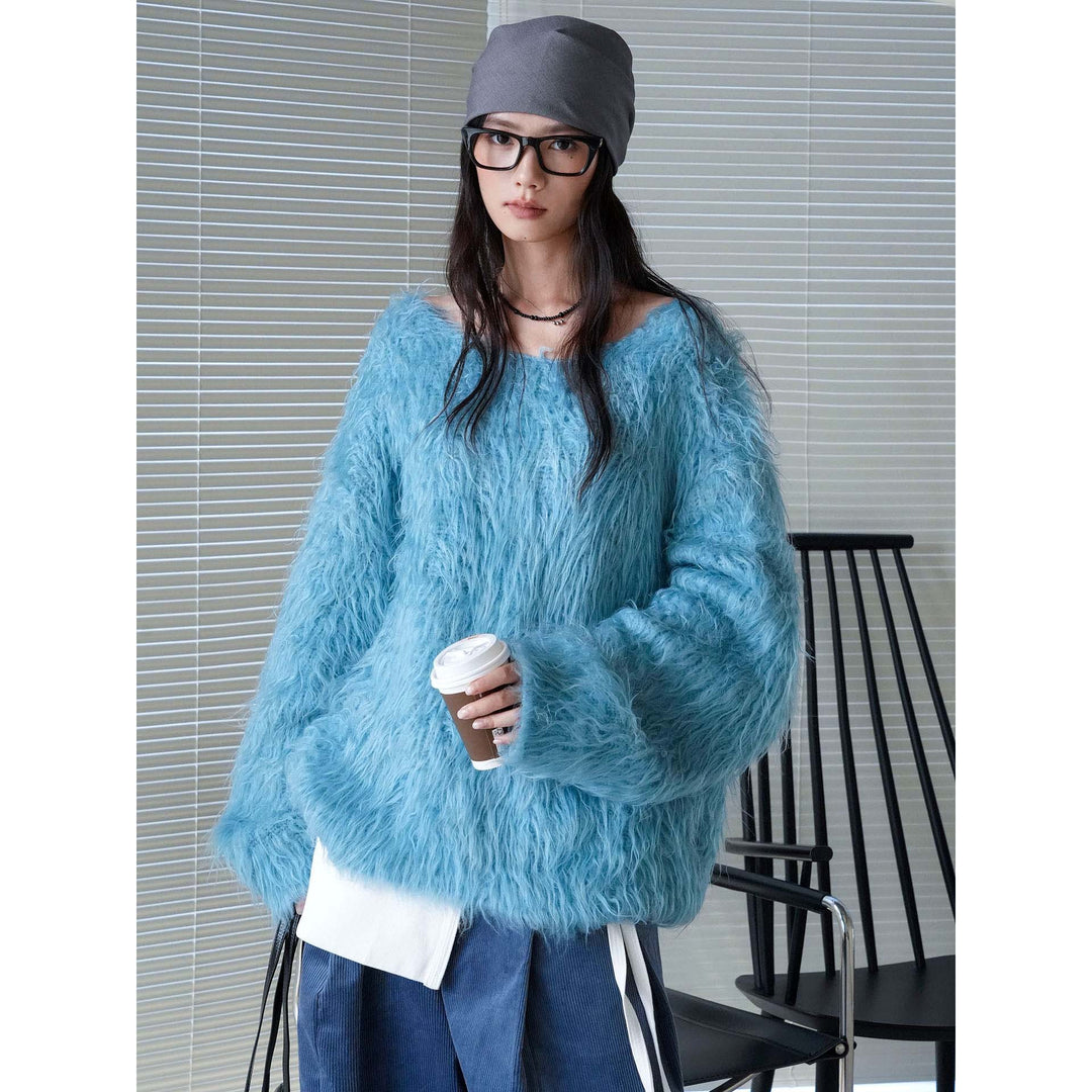 Women's Fluffy Oversize Sweater in Mohair Look with Wide V-Neck Dress