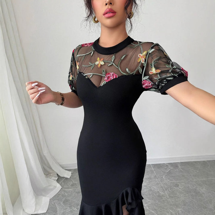 Women's figure-hugging midi dress with embroidered mesh top, puff sleeves, and asymmetrical ruffled hem Mune Fashion