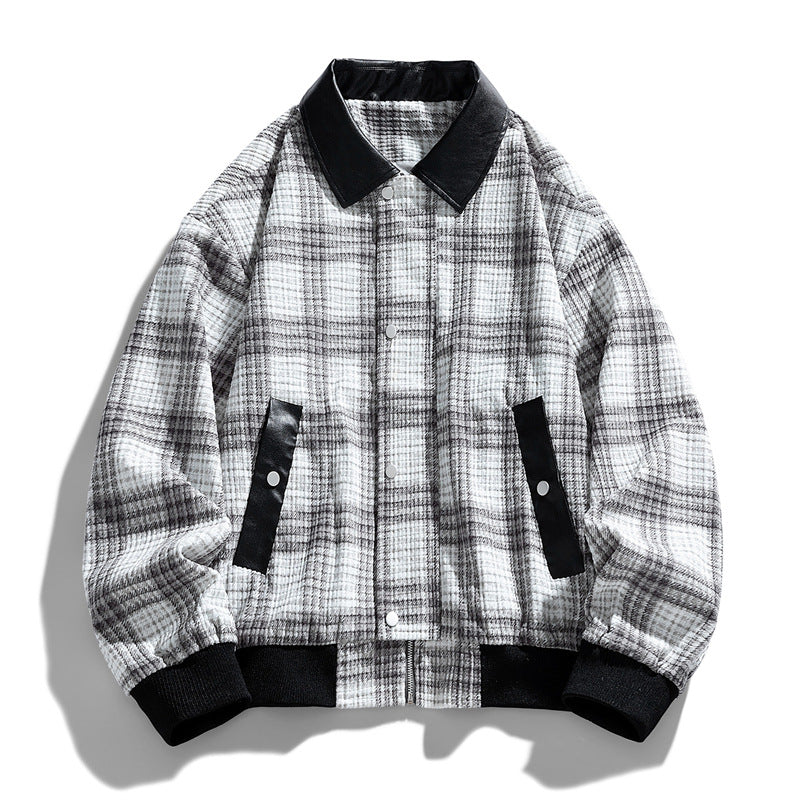 Men's Checkered Overshirt Jacket with Contrasting Faux Leather Collar and Ribbed Cuffs Mune Fashion